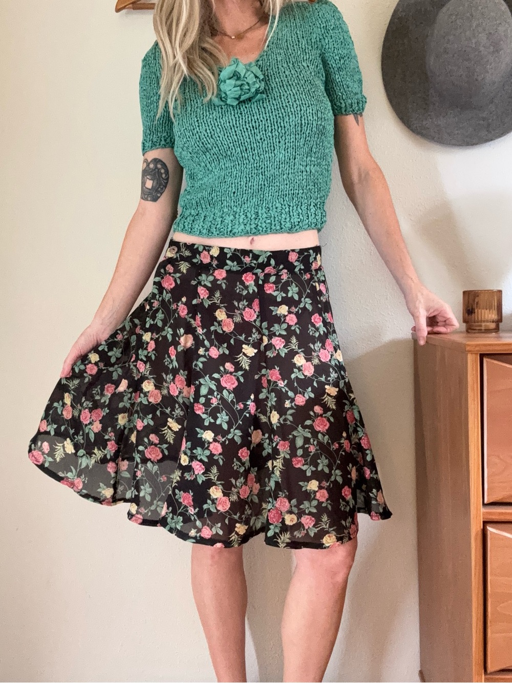 Vintage Bonjour Dark Floral Sheer Skater Skirt 30” Waist Grunge 90s Cottage Boho